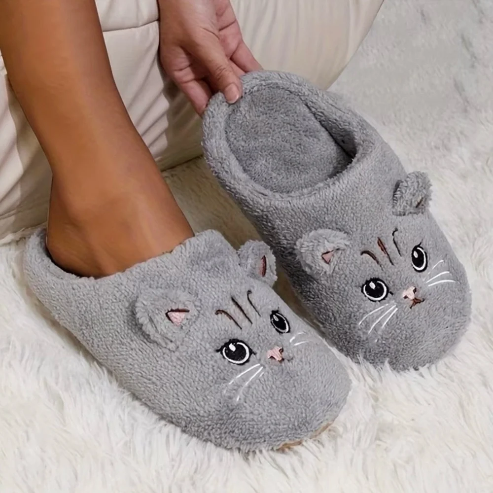 Cozy Gray Cat Slippers for Women